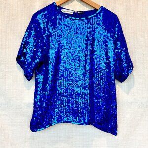 Vintage Glamorous Sequins Beaded Silk Top Glam Sequins 24/7 Spring Blue